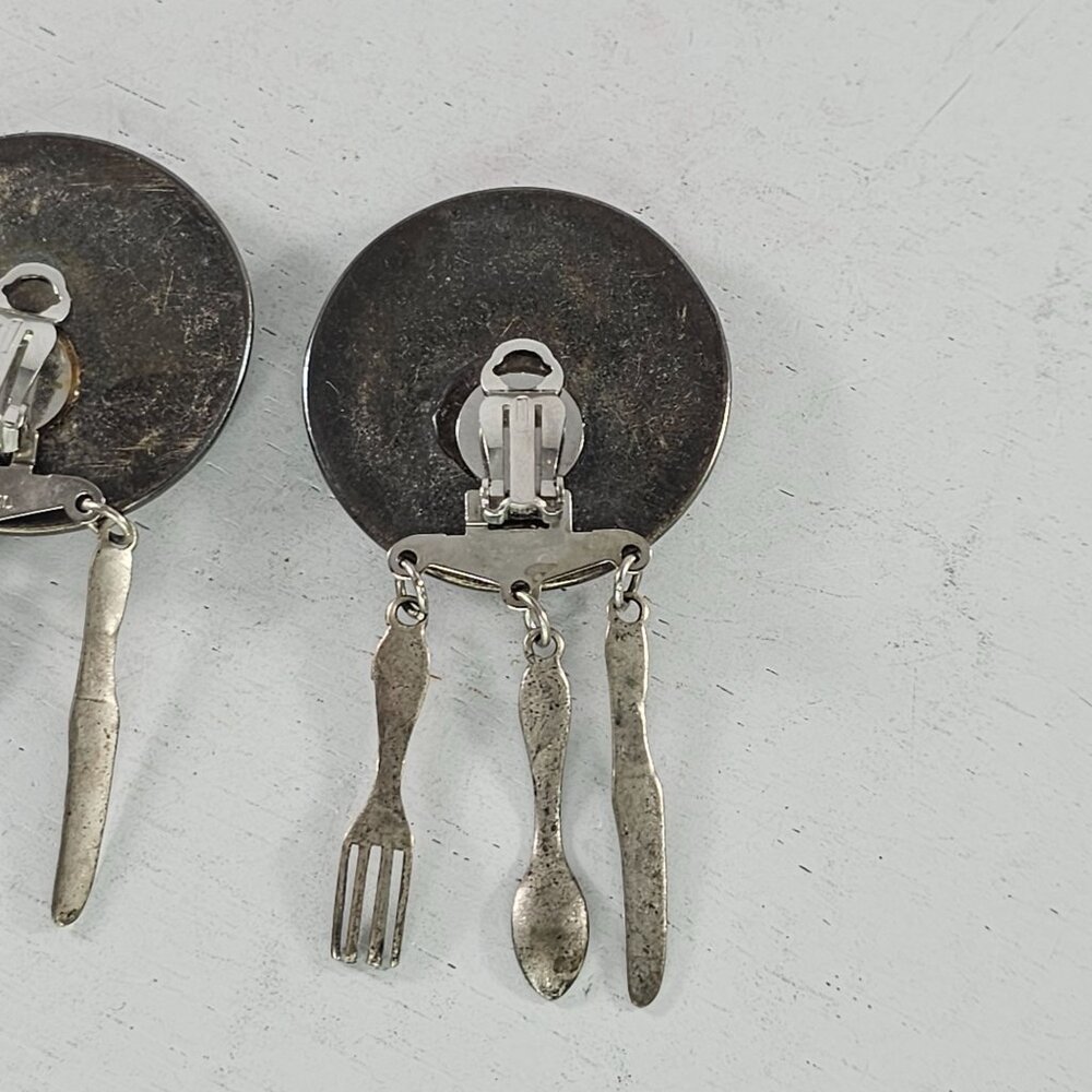 Vintage Clip On Earrings With Dangling Utensils Fork Spoo Knife Charms - Picture 7 of 8